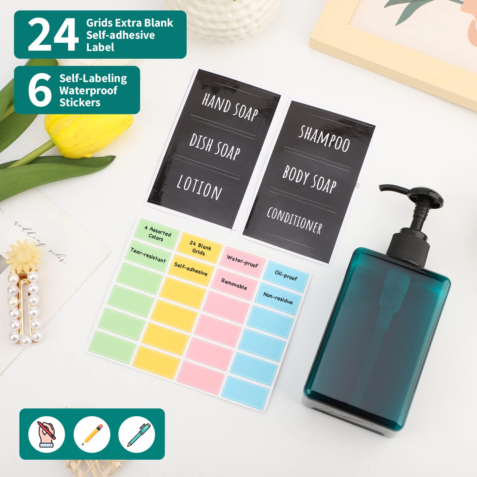 Segbeauty 4Pcs Empty Shampoo Bottles, 9.5Oz Plastic Square Shower Pump Bottle Refillable, 280Ml Small Green Lotion Dispenser Mak